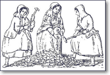 Три женщины в тяжелых одеждах и длинных шляпах, с длинными молотками в руках, стояли вокруг груды камней