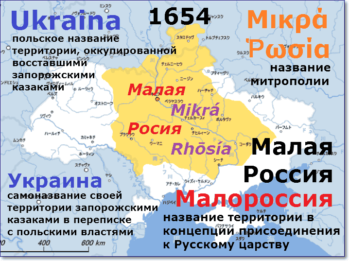 В 1654 году одна и та же территория - Ukraina у поляков, Малая Россия у русских