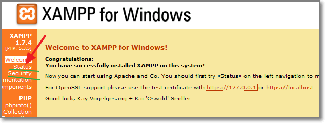 В левой колонке находятся ссылки для настроек XAMPP