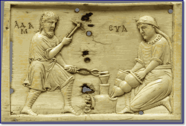 Адам и Ева в кузне. Византийская пластина X века из слоновой кости.