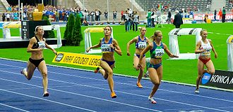 International-level women athletes competing in 100 m sprint race