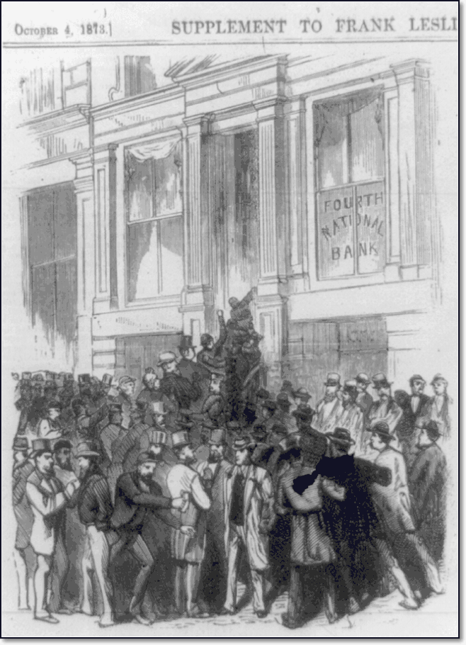Иллюстрация в газете штурма вкладчиками банка в Нью Йорке 4 октября 1873 года